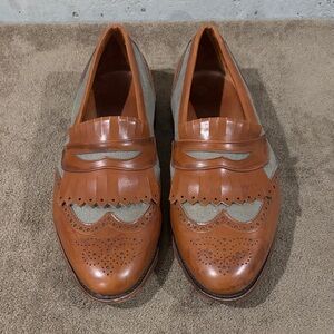 Allen Edmonds Two-Tone Tan Leather & Beige Fabric Kiltie Loafers - Size 12